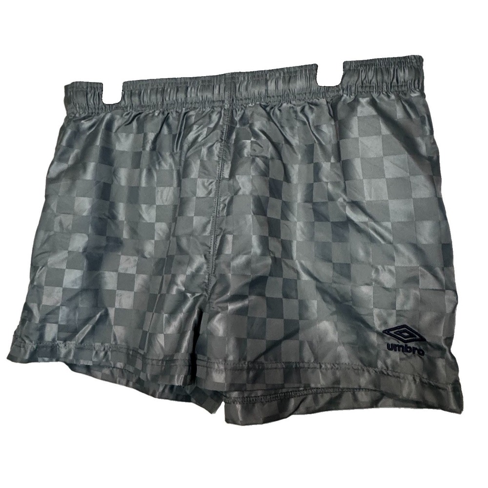 Umbro Vintage Soccer Shorts Mens Large Gray Checkered Athletic Drawstring